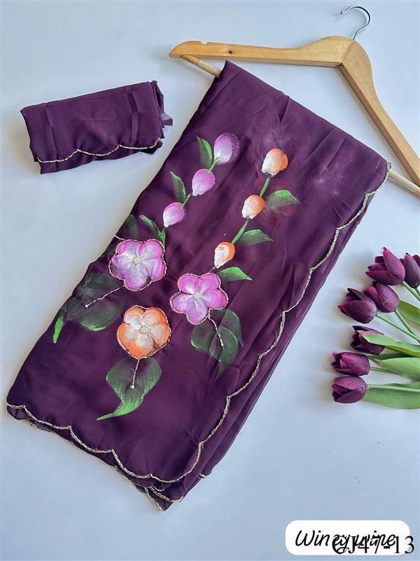 Beautifull Faux Georgette Hand Print Work Saree