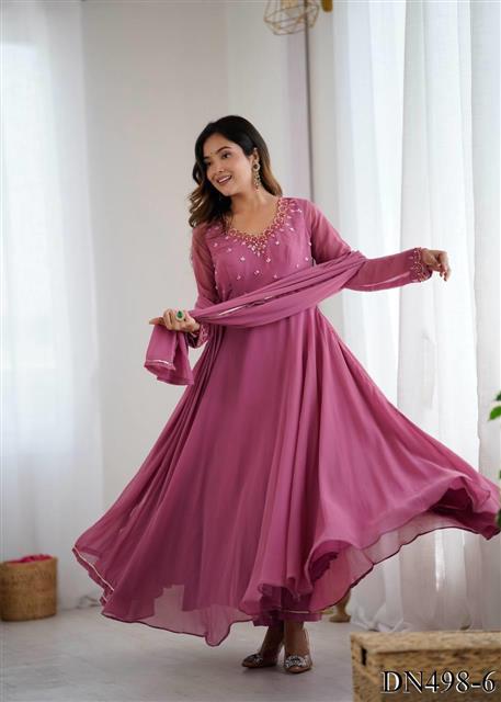 Pink Color Faux Georgette Hand Work Gown