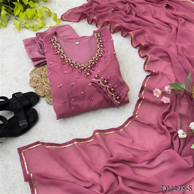 Pink Color Faux Georgette Hand Work Gown