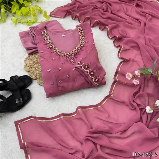 Pink Color Faux Georgette Hand Work Gown