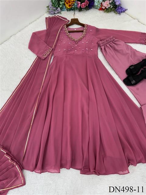 Pink Color Faux Georgette Hand Work Gown