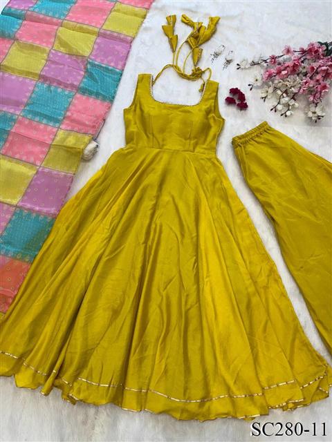 Chinnon Silk With Plain Work And Full Stitched Anarakali Gown