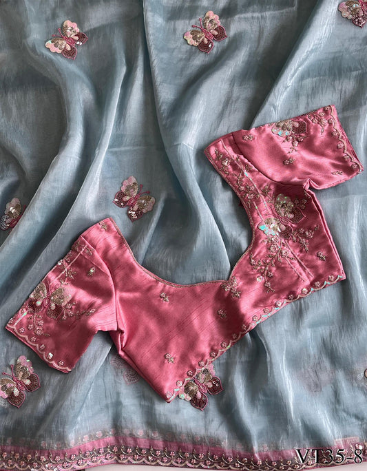 Sky Blue Color Premium Organza Butterfly Work Saree