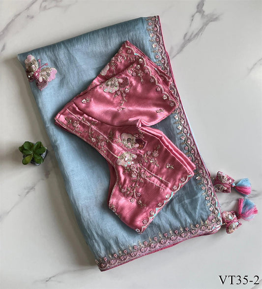 Sky Blue Color Premium Organza Butterfly Work Saree