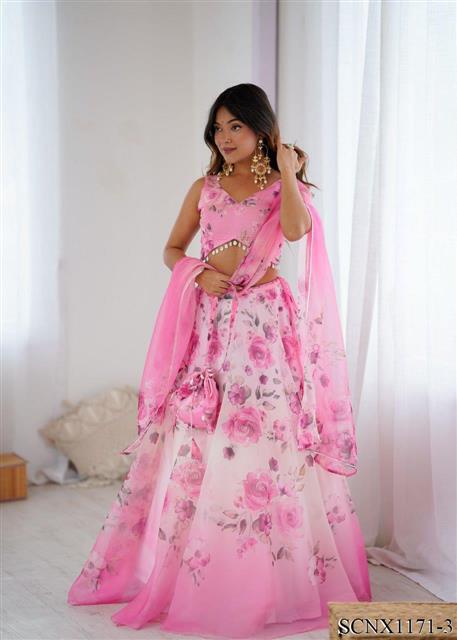 Pink Color Organza Silk With Digital Printed Work Lehenga