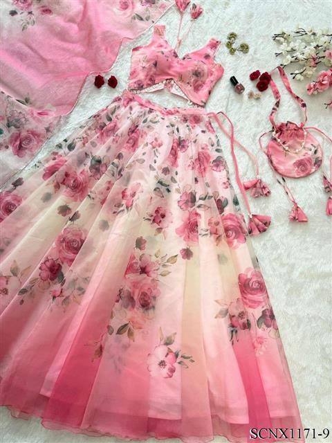 Pink Color Organza Silk With Digital Printed Work Lehenga