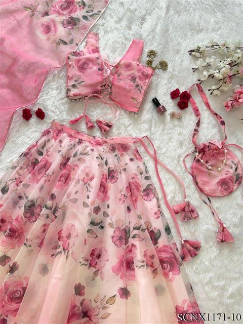 Pink Color Organza Silk With Digital Printed Work Lehenga