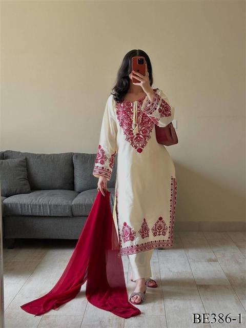 White Color Roamn Silk With Embroiery Work Top Pent