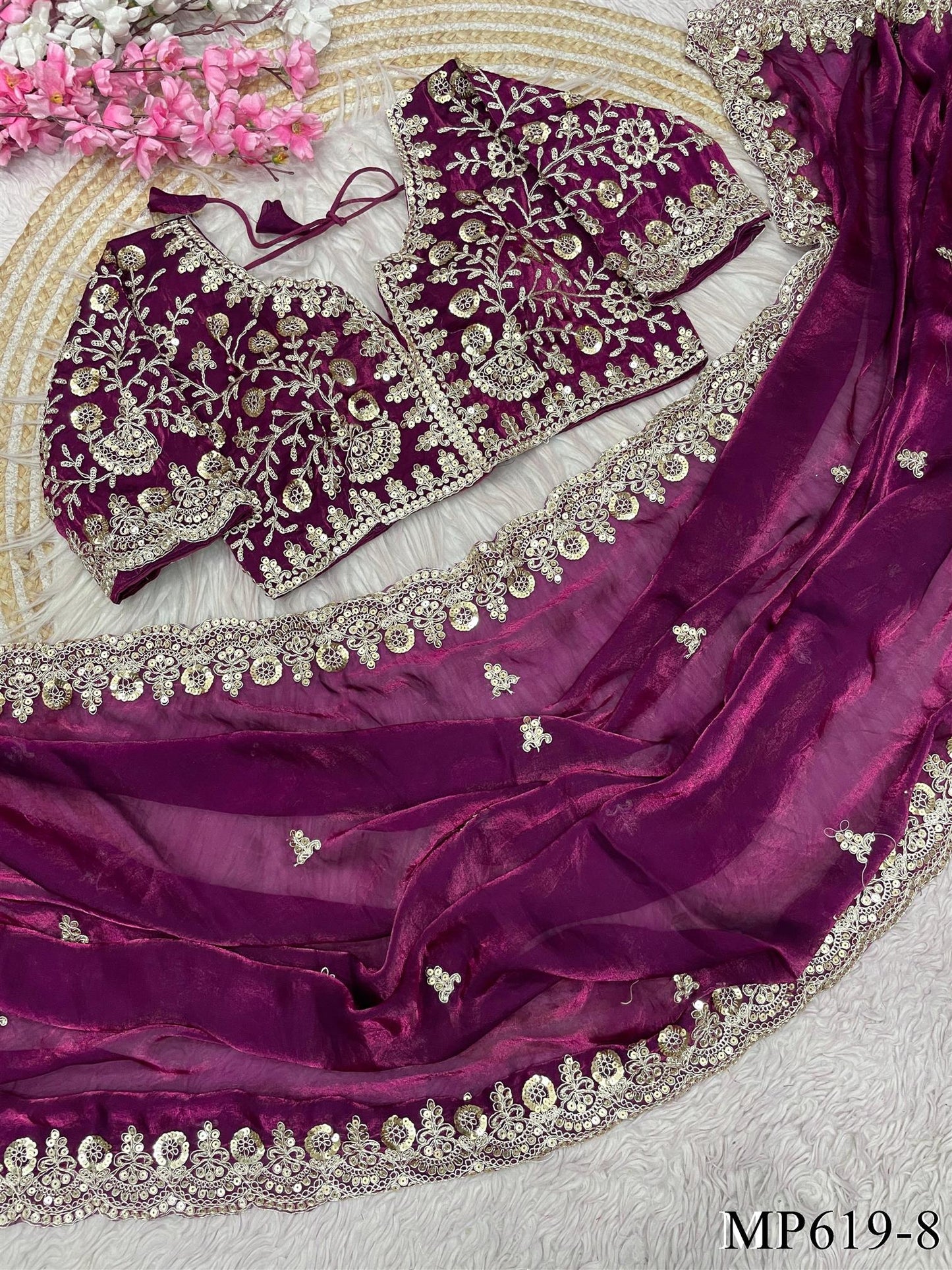 Fendy Satin Silk Saree With Sequins with Jari Dori Embroidery work