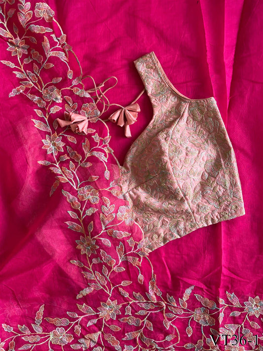 Rani Pink Color Premium Chanderi With Embroidery Work Saree