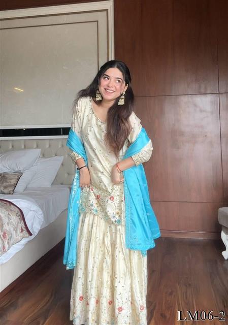 Off White Color Chinon Fabric With Embroidery Work Kurti Sharara