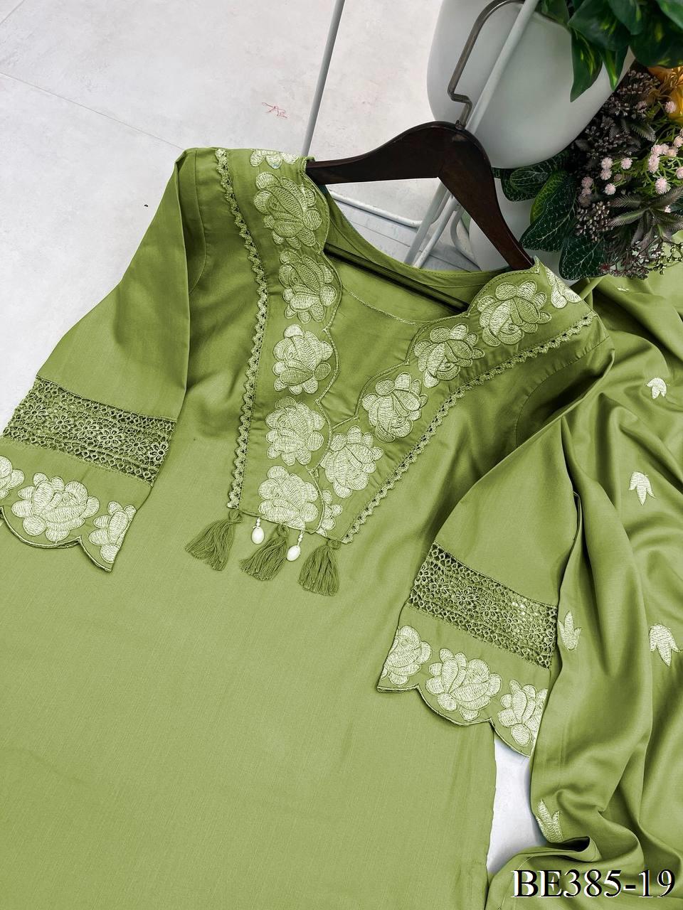 DESIGNER REYON SLUB COTTON TOP PANT SET WITH FLOWER WORK