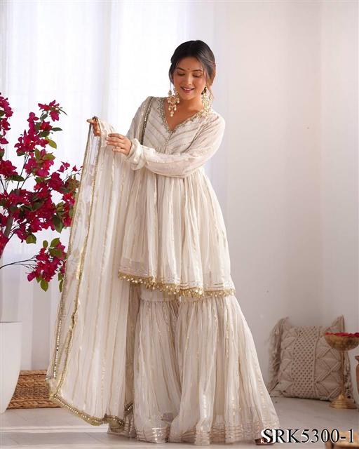 White Color Mal Chanderi Fabric With Mirror Work Top Sharara