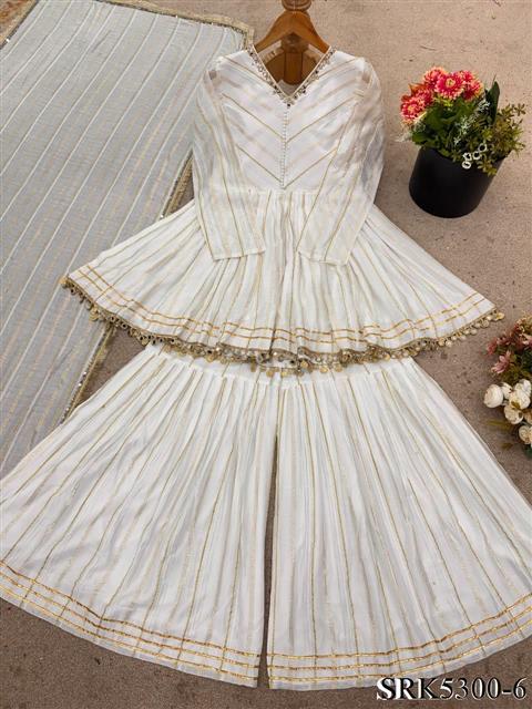 White Color Mal Chanderi Fabric With Mirror Work Top Sharara