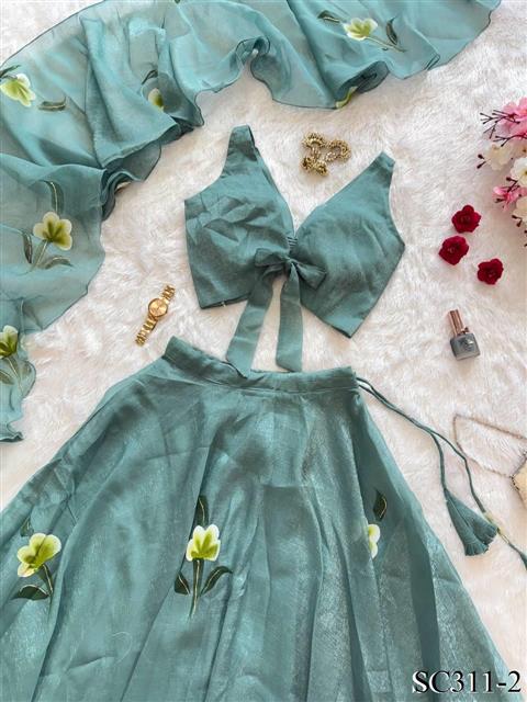 Sky Blue Color Fandy Crush HandPrint Work Lehenga