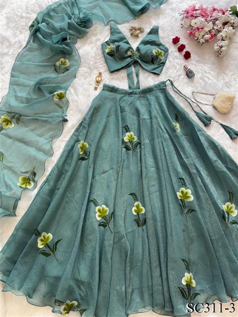 Sky Blue Color Fandy Crush HandPrint Work Lehenga