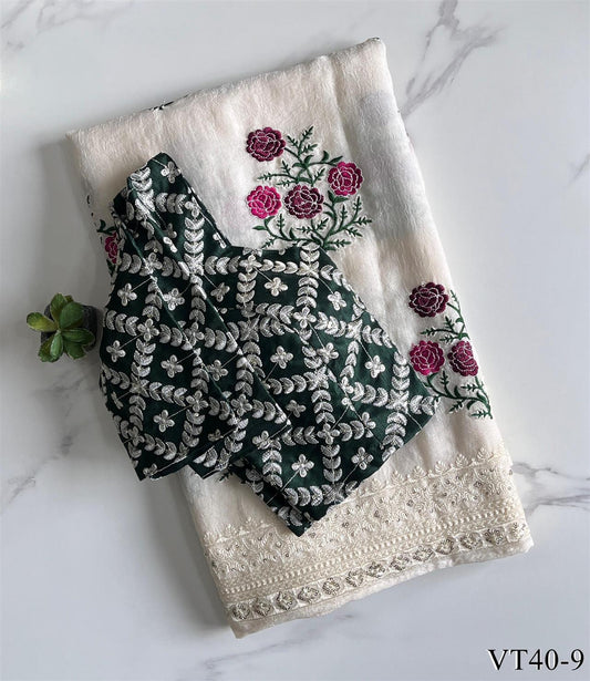 White Color Premium Georgette Chiikankari Work Saree