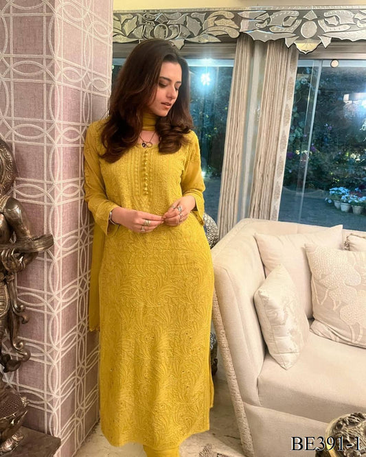 Yellow Color Georgette Embroidery Work Top Pent