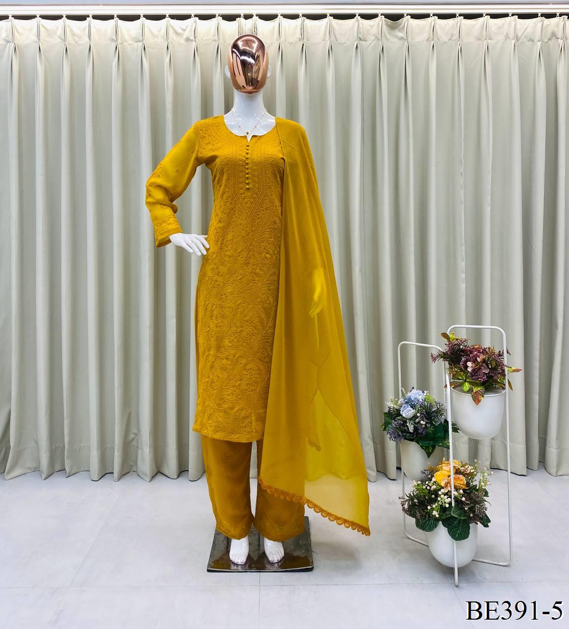Yellow Color Georgette Embroidery Work Top Pent