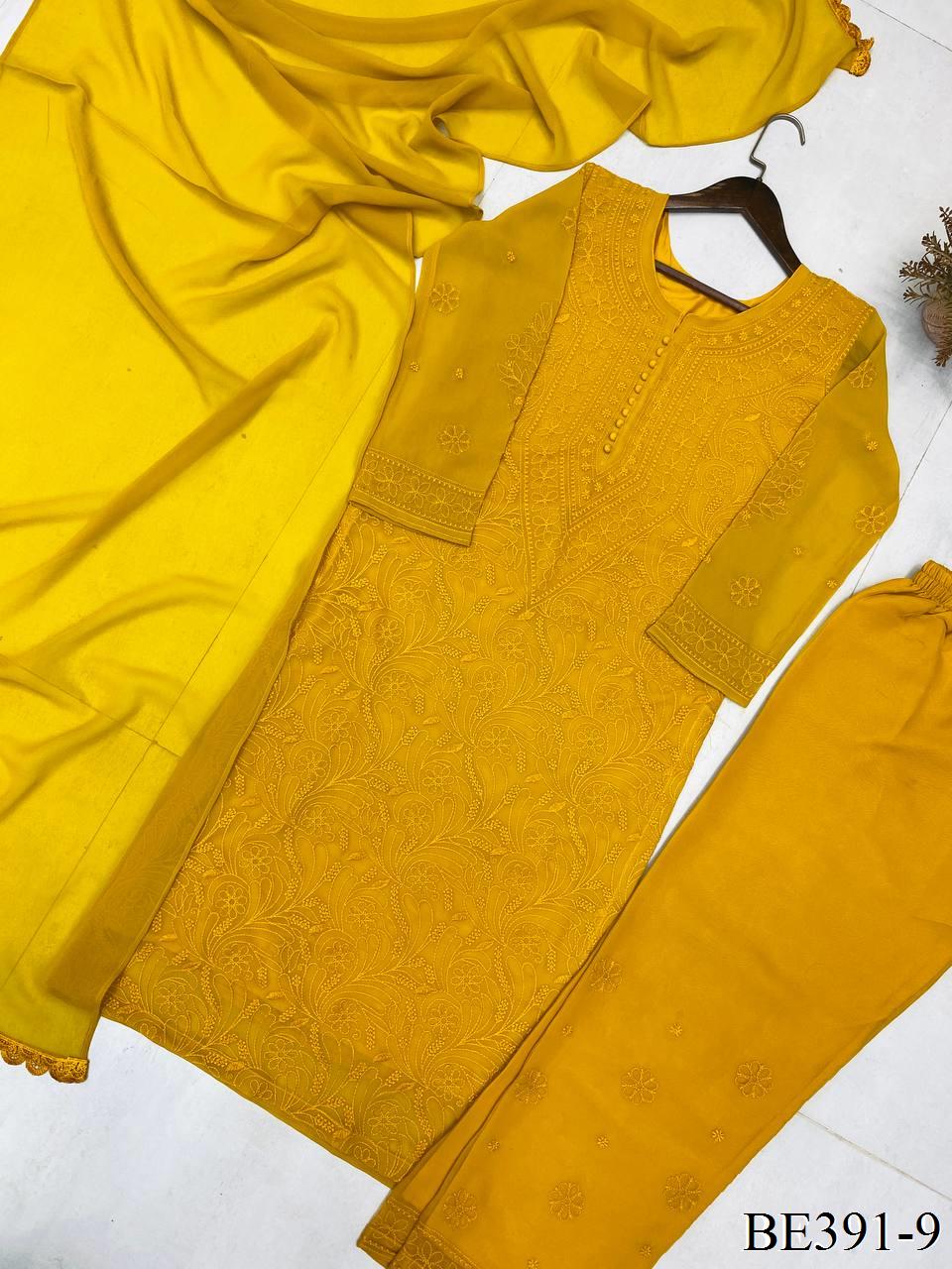 Yellow Color Georgette Embroidery Work Top Pent