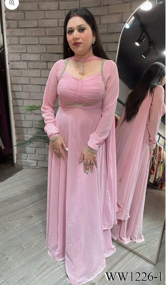 Pink Color Pure Fox Georgette Embroidery Work Gown