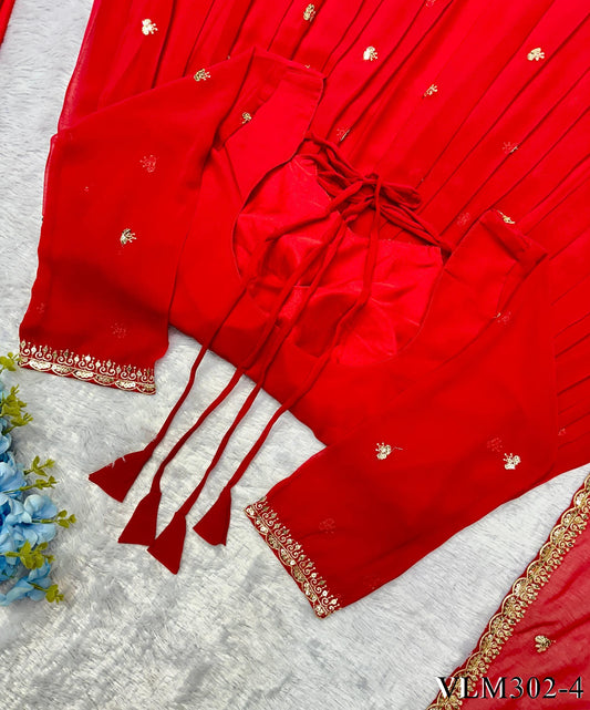 Red Color Foux Georgette Embroidery Work Gown