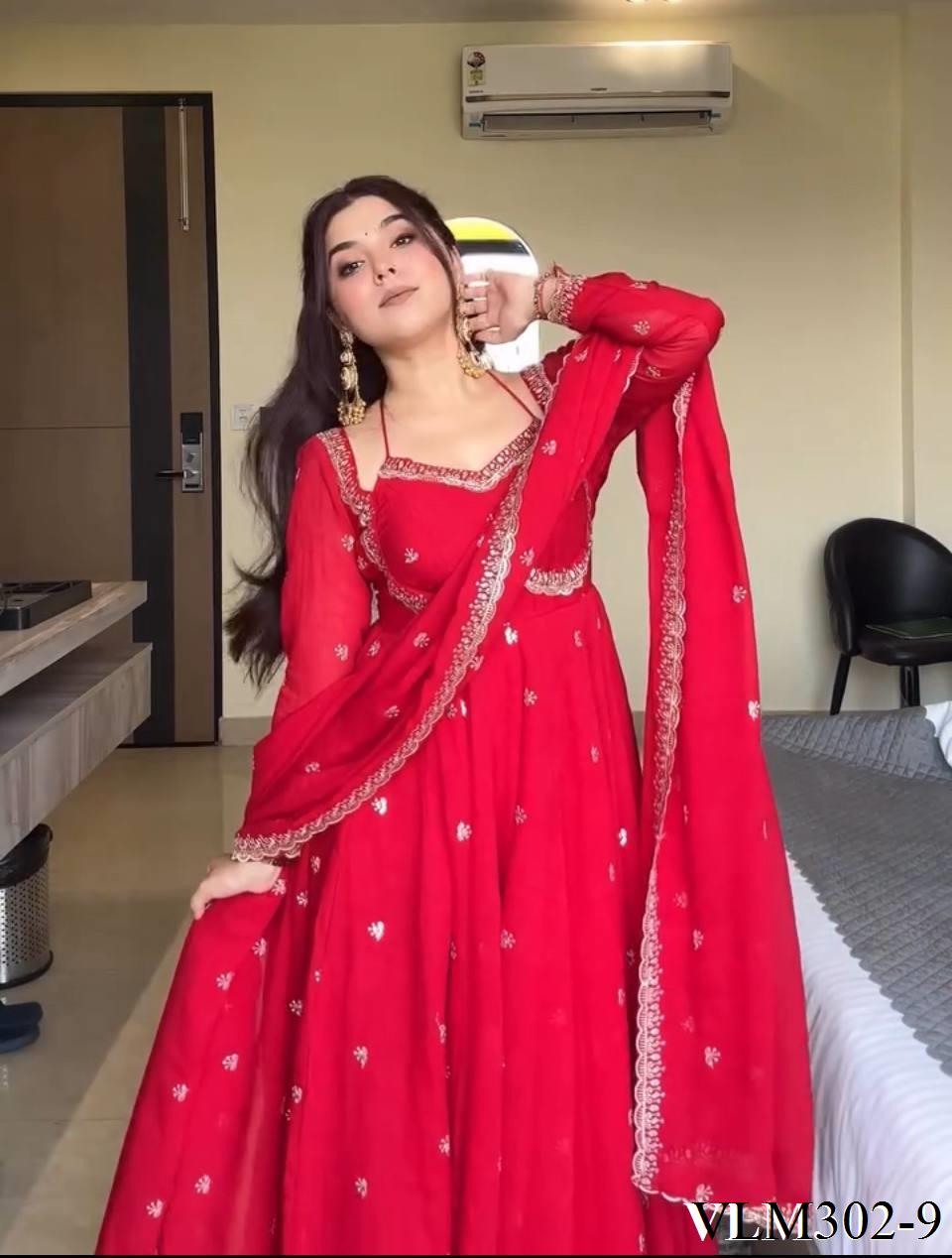 Red Color Foux Georgette Embroidery Work Gown