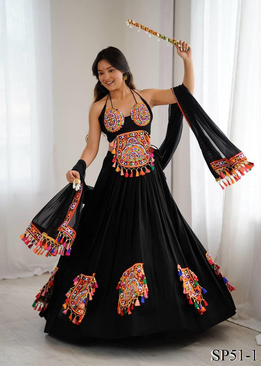 Black Color Heavy Reyon Fabric With Gamthi Work Lehenga Choli