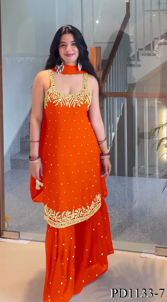 Beautifull Faux Georgette Hand Work Top Plazzo