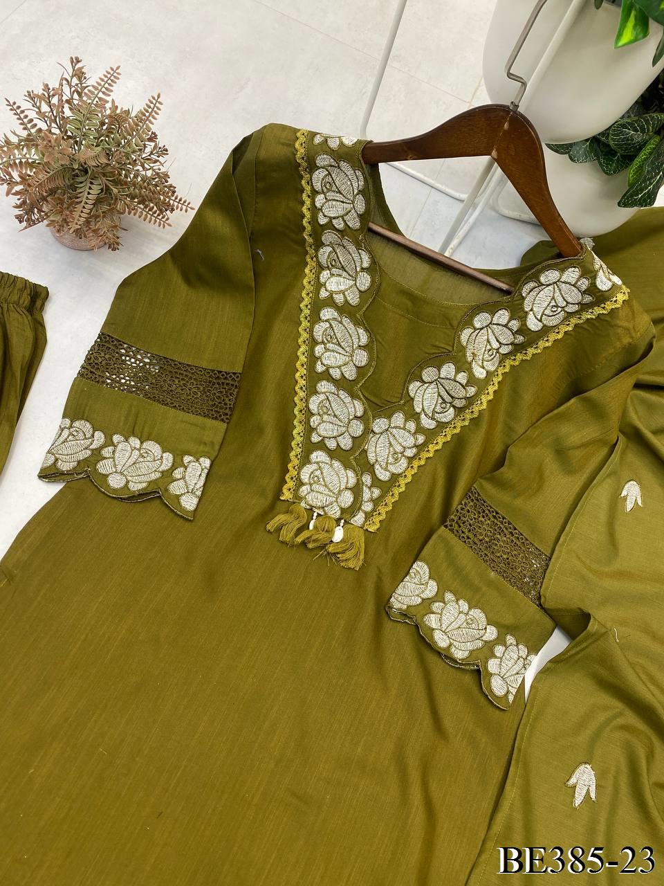 DESIGNER REYON SLUB COTTON TOP PANT SET WITH FLOWER WORK
