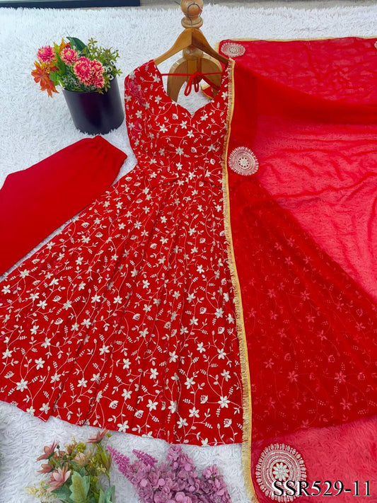 Red Color Heavy Blooming Georgette Embroidery Work Anarkali