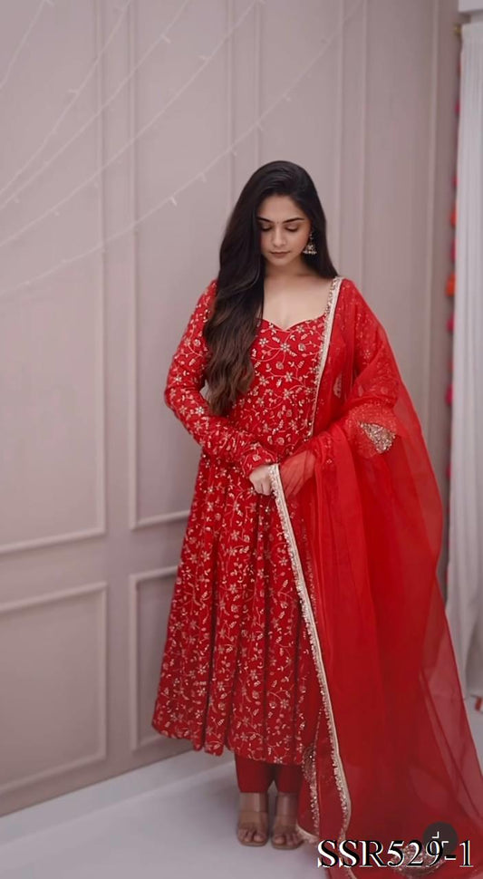 Red Color Heavy Blooming Georgette Embroidery Work Anarkali