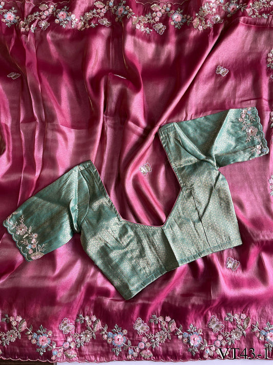 Pink Color Premium Tissue Silk With Butterfly Work Saree