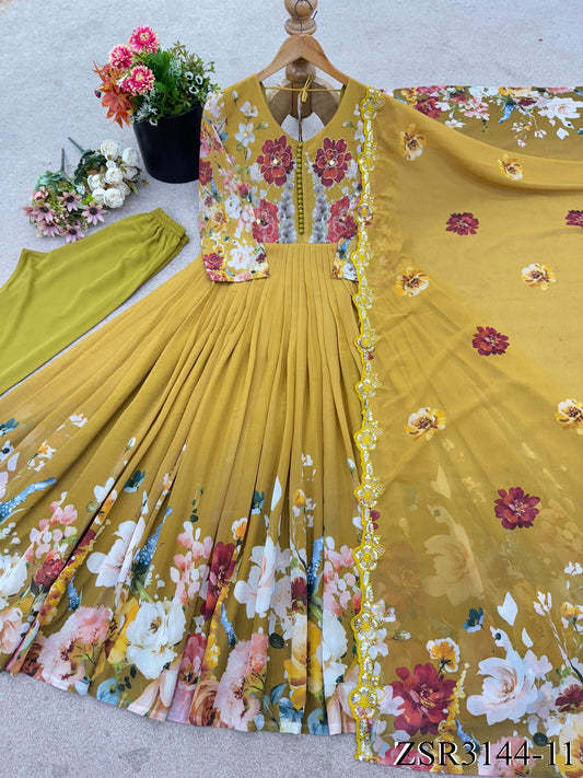 Yellow Color Fix Georgette Embroidery Work Gown