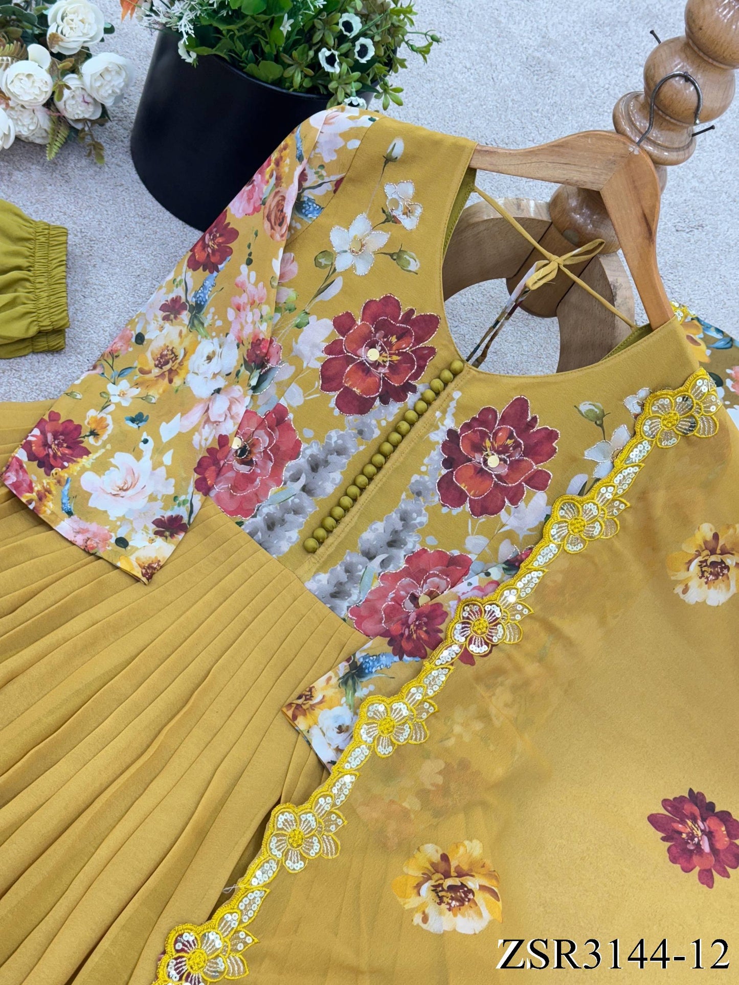 Yellow Color Fix Georgette Embroidery Work Gown