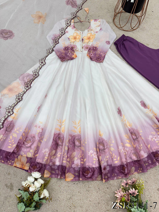 White color Tabby Organza Embroidery Work Gown