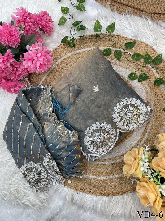 Pure Soft Fendy Chiffon Two Ton Embroidery Work Saree