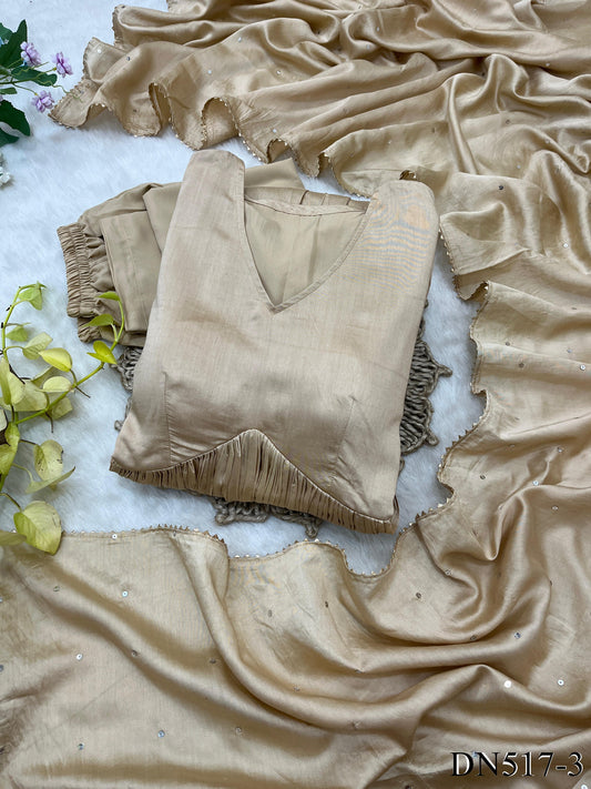 Beige Color Chanderi Cotton With Plain Work Gown