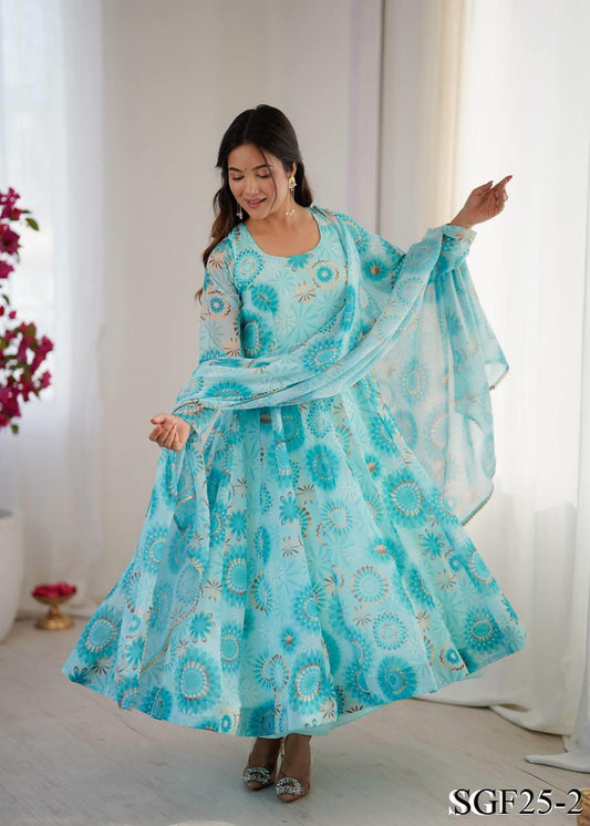 Sky Blue Color Fox Georgette Floral Print Work Anarkali