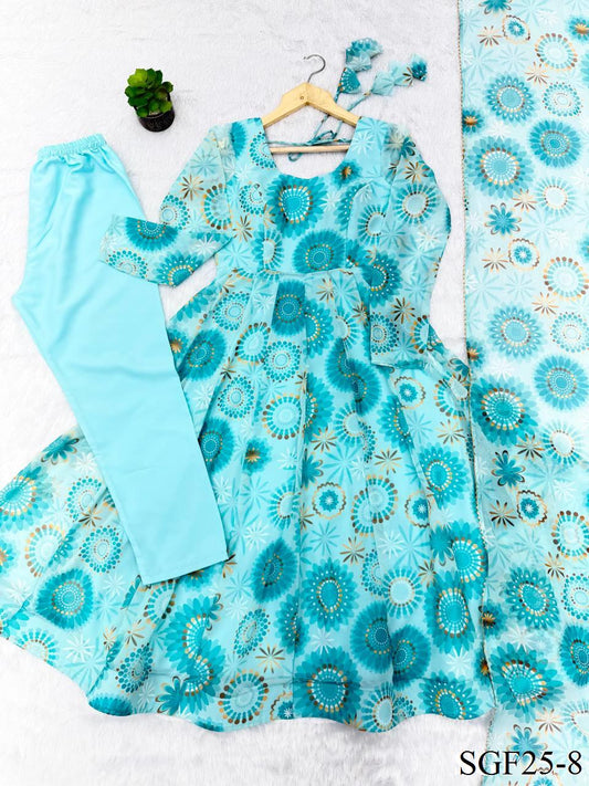 Sky Blue Color Fox Georgette Floral Print Work Anarkali
