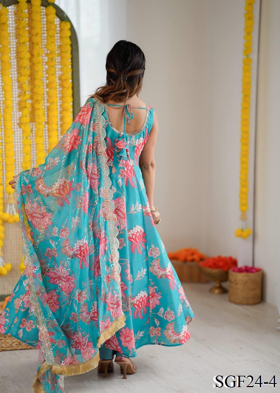 Sky Blue Color Muslin Print With Floral Work Anarkali