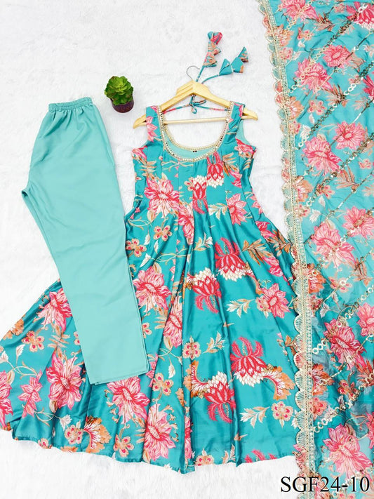 Sky Blue Color Muslin Print With Floral Work Anarkali