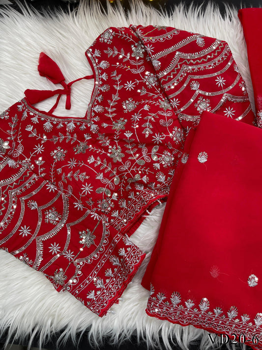 Red Color Fox Georgette Embroidery Sequience Work Saree