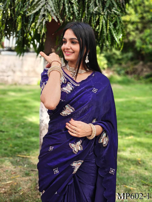 Beautifull Fendy Satin Silk With Khatli Bits Work Saree