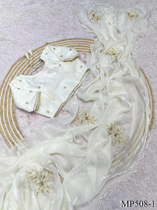 Beautifull Fandy Sattin With Cut Dana Hand Work Saree