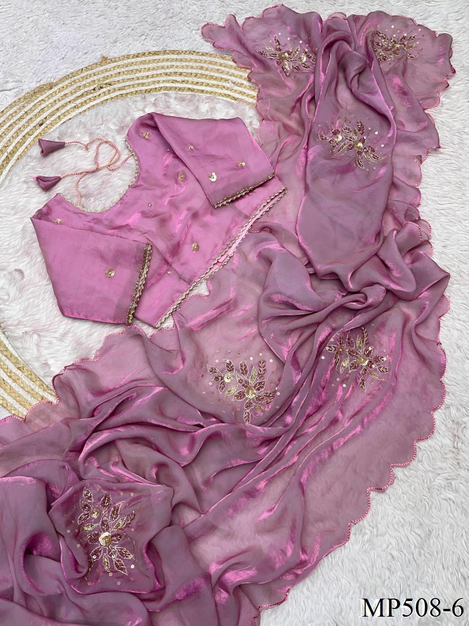 Beautifull Fandy Sattin With Cut Dana Hand Work Saree