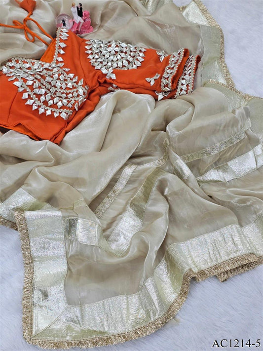 Beautifull Beige Color Satin Silk With Self Design Work Saree