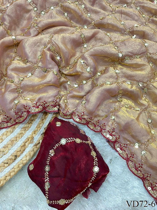Beautiful Soft Fendy Satin Silk With Beats Jhal Work Saree