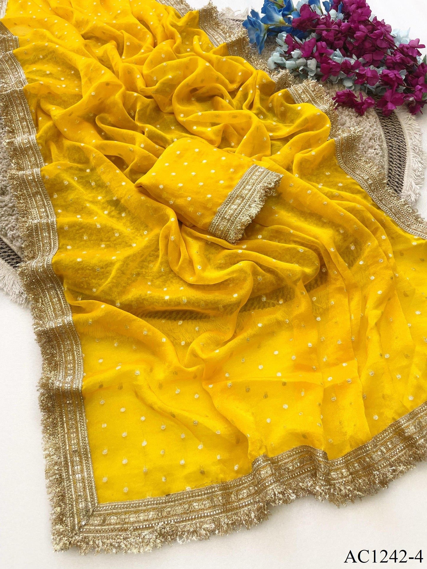 Beautiful Soft Rich Moss Fendy Chiffon Silver Jhari Work Saree