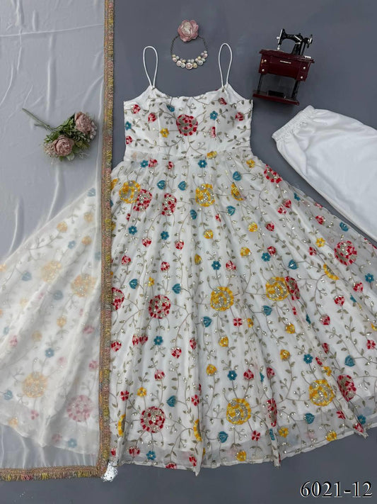 Beautifull Faux Georgette Thread With Sequience Work Anarkali Set